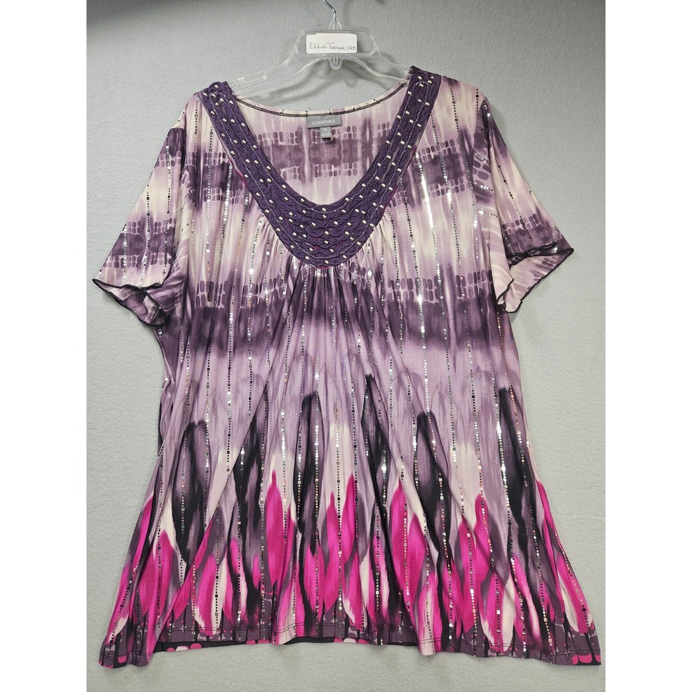 Essentials Womens 2X Purple Pink Abstract Sequin Studded V-Neck Tunic Blouse